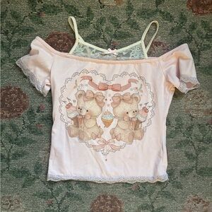 Baby pink baby t with teddy bears & ice cream crop top, off shoulder & lace 💘🐻🍦